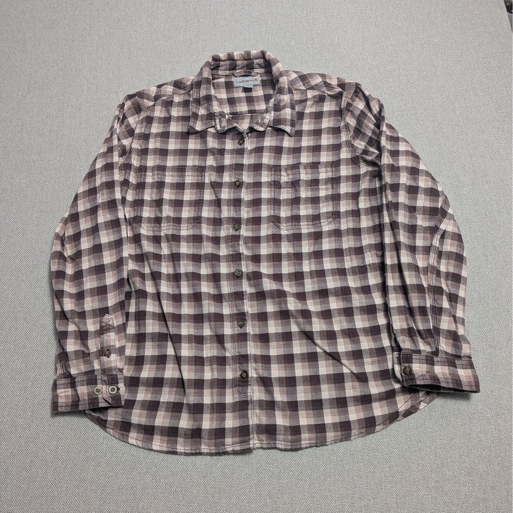 Carhartt Women's XXL (20) Brown Cream Tan Plaid Flannel Button Down Casual Shirt